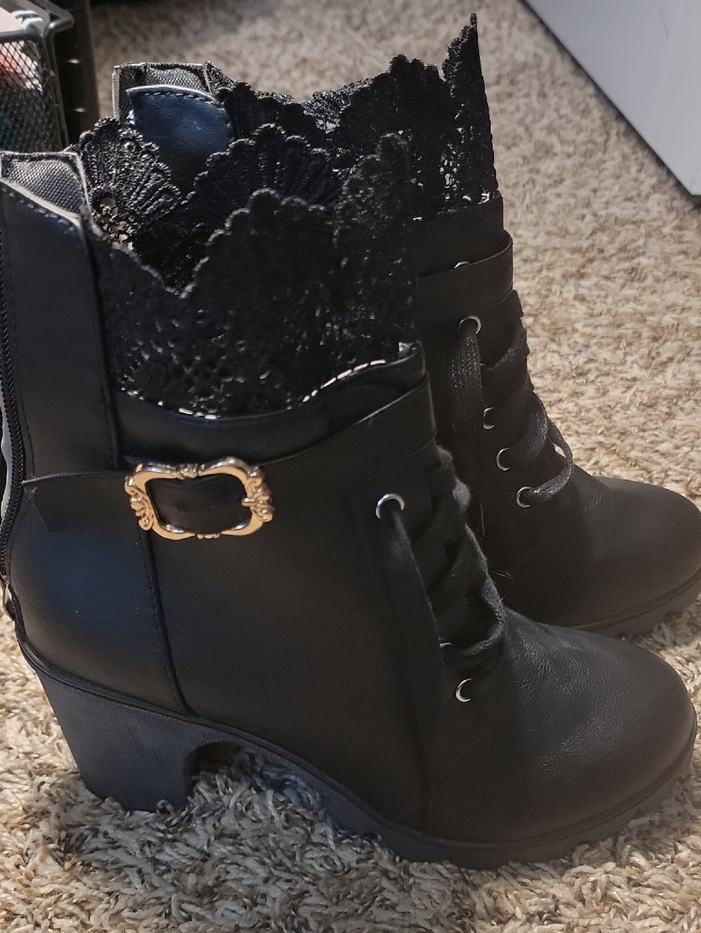 Lace-Trim Black Ankle Boots with Decorative Buckle - Women